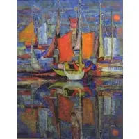 Crepuscule in the Harbor by Sylvine Van Merlen, Oil on Canvas "Crepuscule in the Harbor" Signed and dated 1967, sold Aug 2016