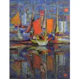 Sylvine Van Merlen, Crepuscule in the Harbor, Oil on Canvas "Crepuscule in the Harbor" Signed and dated 1967