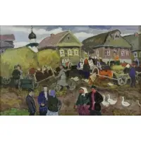 Moissey Kogan, Russian Village Scene, Gouache on Paper