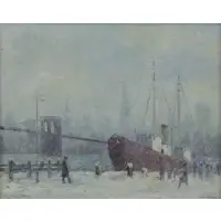 New York Harbor Scene with Brooklyn Bridge and Tugboat by Johann Berthelsen, Oil on Board, sold May 2016
