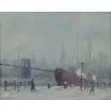 New York Harbor Scene with Brooklyn Bridge and Tugboat by Johann Berthelsen, Oil on Board, sold May 2016