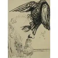Byron Browne, Head of a Man with a Bird, Ink on Paper