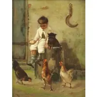 Wager, Boy with Dog and Chickens, J. Oil on Canvas