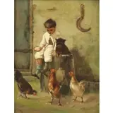 Wager, Boy with Dog and Chickens, J. Oil on Canvas