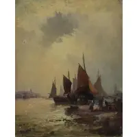Fishing Boats on the Shore by William Thornley, Oil on Wood Panel, sold Jun 2015