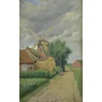 Addison T. Millar, Figure on Path Beside Windmill, Oil on Canvas