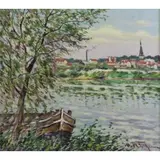Hugo M Fisher, River Village, Oil on Canvas