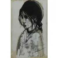 Ruth Schloss, Daydreaming, Ink and Wash on Paper "Daydreaming" Signed lower center