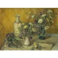 Helene Roberts, Still Life with Flowers, Vases and a Knife, Oil on Canvas