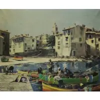 Maurice Legendre, Fishermen in Harbor, Oil on Canvas