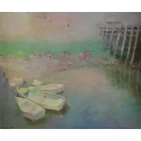 William Harnden, Row Boats on the Shore, Oil on Masonite