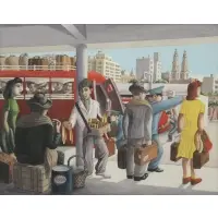 Clément Moreau, Bus Stop Scene, W.P.A. Style Gouache