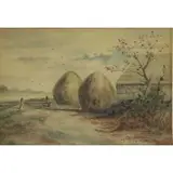 F. Watercolor Roe, Haystacks in Landscape
