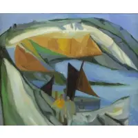 Jacques Dutil, Coastal Landscape with Figures and Boats, Modernist Oil on Canvas