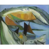 Jacques Dutil, Coastal Landscape with Figures and Boats, Modernist Oil on Canvas