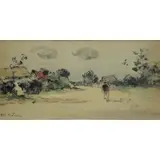 Abel Bertram, Abel Bertram (French, 1871 - 1954), Ink/Watercolor Figure in Landscape