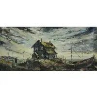 Joe Dethomas, Seaside Cottage and Boat, Modernist Oil on Masonite