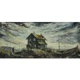 Joe Dethomas, Seaside Cottage and Boat, Modernist Oil on Masonite