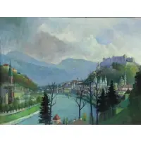 European City in Landscape by Rudolf Bernatschke, Oil on Canvas, sold May 2015