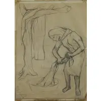 Alfredo Zalce, Alfredo Zalce (Mexican-American, 1908 - 2003), Pencil Drawing on Paper of Woman Washing Clothes