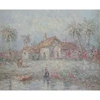 F Valle, Figures and house in costal landscape, Impressionist Style Oil on Canvas