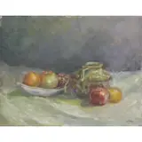 M. Oil on Canvas Kahn, Still Life with Jug and Fruit