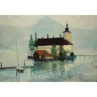 House on Lake by Rudolf Bernatschke, Oil on Canvas, sold May 2015
