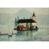 Rudolf Bernatschke, House on Lake, Oil on Canvas