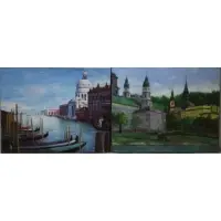 Rudolf Bernatschke, And a landscape with buildings, unsigned, Oil on Canvas Venetian Canal Scene