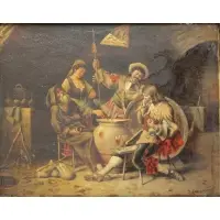 Josef Corneau, Tavern Scene, Oil on Wood Panel