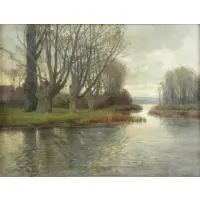 Old indecipherable ink inscription on paper label verso by Heinrich Harder, Oil on Canvas River Landscape, sold Apr 2015