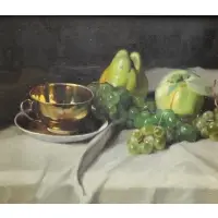 Árpád Romek, Still Life with Fruit and Cup and Saucer, Oil on Board