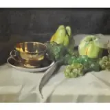 Árpád Romek, Still Life with Fruit and Cup and Saucer, Oil on Board