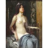 Eduard Veith, Seated Nude Beauty with Sword, Oil on Wood Panel