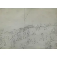 Laurence S Lowry, Beach, Figures, and Huts., 1925 Pencil on Paper