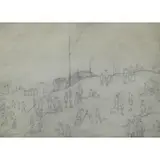 Laurence S Lowry, Beach, Figures, and Huts., 1925 Pencil on Paper
