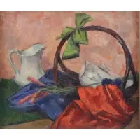 Salvatore Aucello, Still Life with Basket, Vase and a Flower, Oil on Canvas