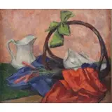 Salvatore Aucello, Still Life with Basket, Vase and a Flower, Oil on Canvas