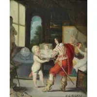 Pierre Rigaud, Putto & Cavalier Admiring a Portrait, Oil on Wood Panel
