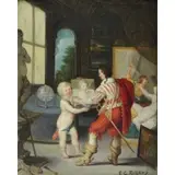 Pierre Rigaud, Putto & Cavalier Admiring a Portrait, Oil on Wood Panel