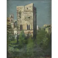 Gaetano Capone, Tower in Italian Landscape, Oil on Canvas