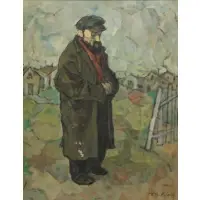 Tully Filmus, Man in Village, Oil on Canvas