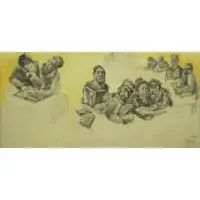 Saul Raskin, When ten people sit together and leaning Torah Shehinah rests with them, Mixed Media on Paper