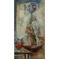Si Lewen, Abstract Figure with a Glass, Oil on Masonite