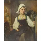 E. Oil on Canvas Hughes, Woman Spinning Thread
