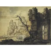 Jean-Baptise Pillement, Figures in Coastal Landscape with Classical Ruins, Pen, Brown Ink and Wash on Paper