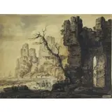 Jean-Baptise Pillement, Figures in Coastal Landscape with Classical Ruins, Pen, Brown Ink and Wash on Paper