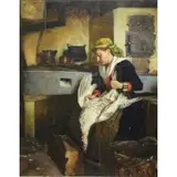 Federico Andreotti, Plucking Poultry, Oil on Wood Panel
