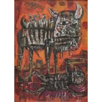 Jonah Kinigstein ( American, b by Jonah Kinigstein, Oil on Wood of a Bull & Figure, sold Feb 2015
