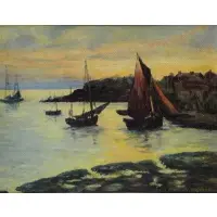 Nell Warner, Boats Near the Shore at Dusk, Oil on Masonite